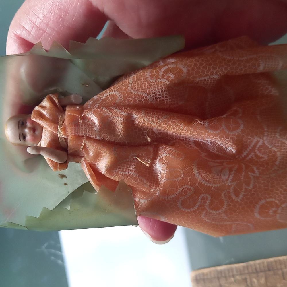 Antique China Head Miniature Doll with Peach  Dress